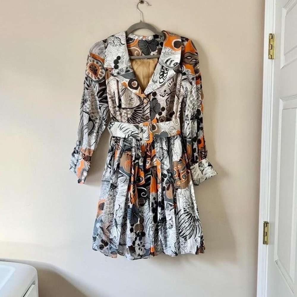 Vintage 60/70s Belted Novelty Dress Crane Butterfly Mini Mod Cotton Orange White